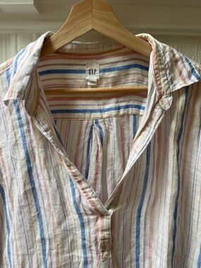 GAP Cream Shirt with Blue, Pink, Yellow and Tan Stripes